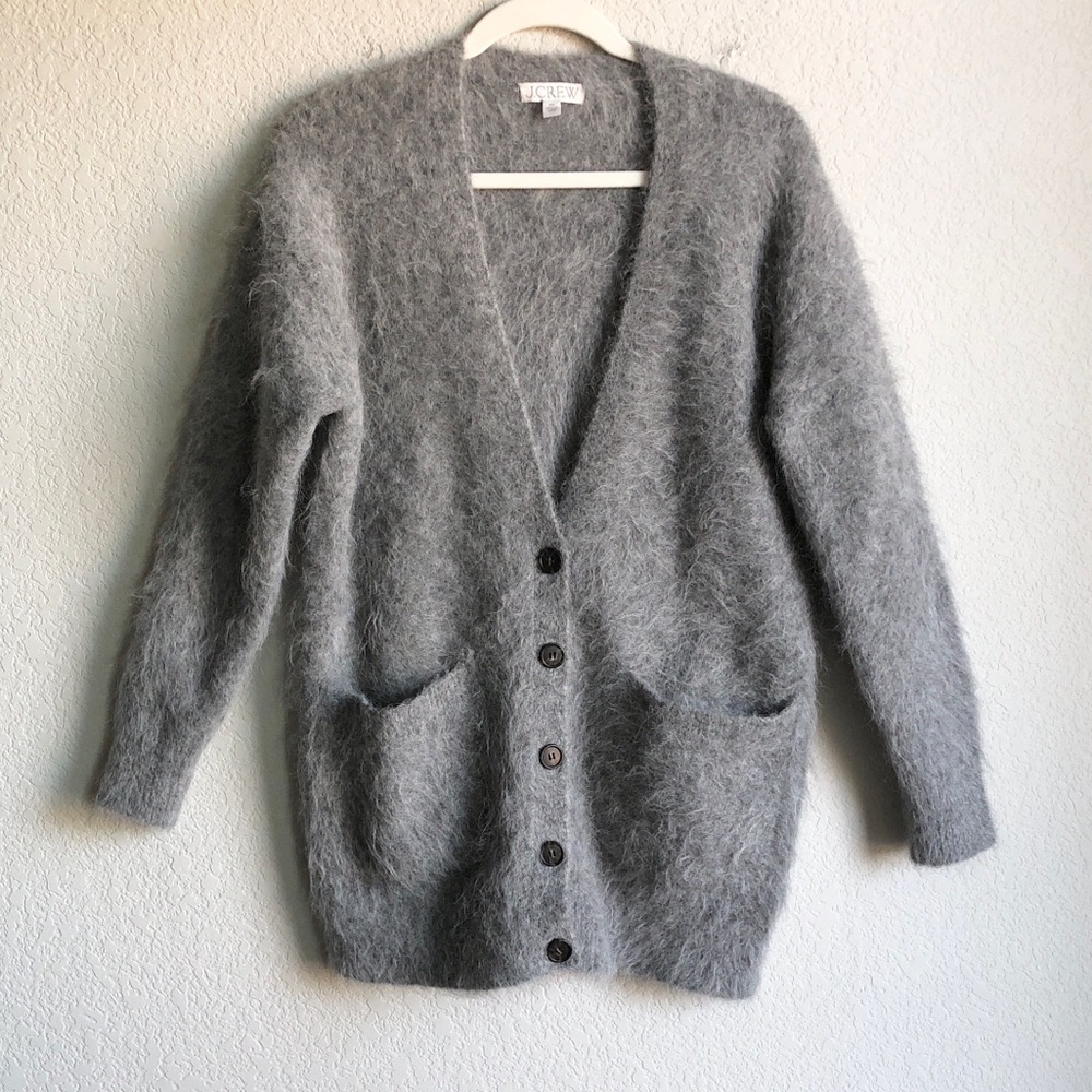 J Crew Relaxed V Neck Cardigan Sweater Grey Fuzzy Alpaca BV365 Layering